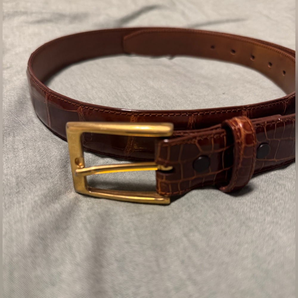 Genuine American Alligator Belt – Brown with Gold Buckle, Size 38, Made in USA
